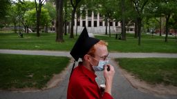 Harvard Law School graduate Jesse Burbank spends time on campus before attending the online graduation ceremony in his room in Cambridge, MA on May 28, 2020. 