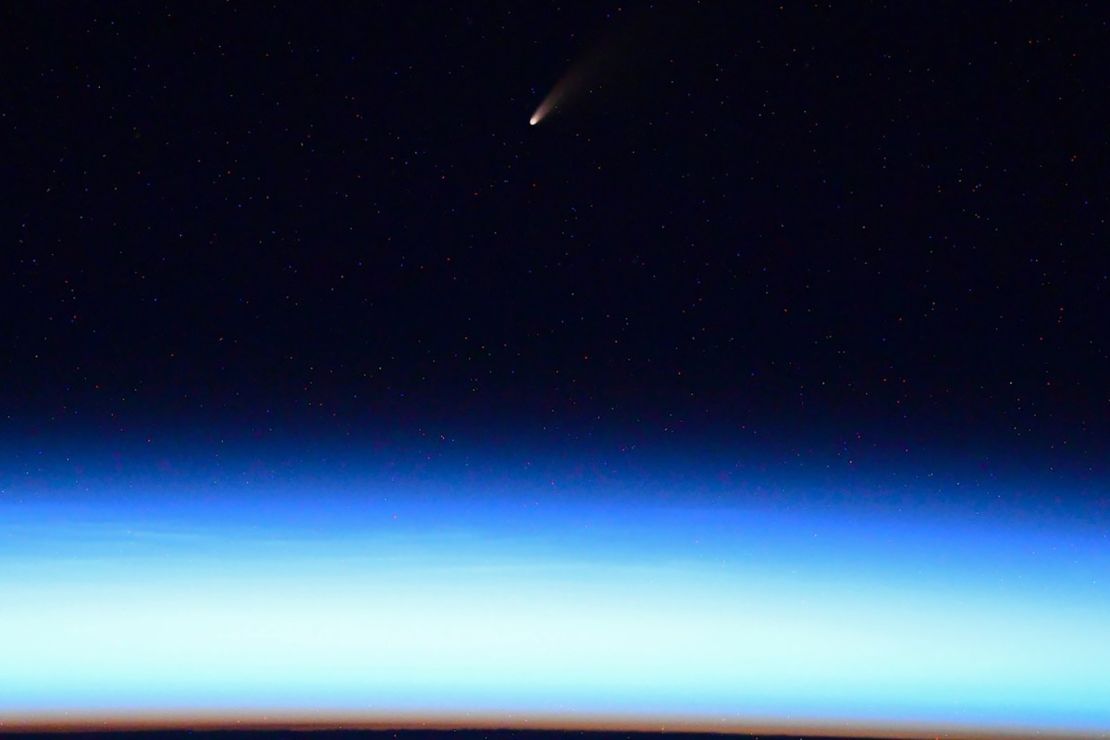 C/2020 F3 is seen nearing Earth in this photo tweeted by ISS astronaut Ivan Vagnery