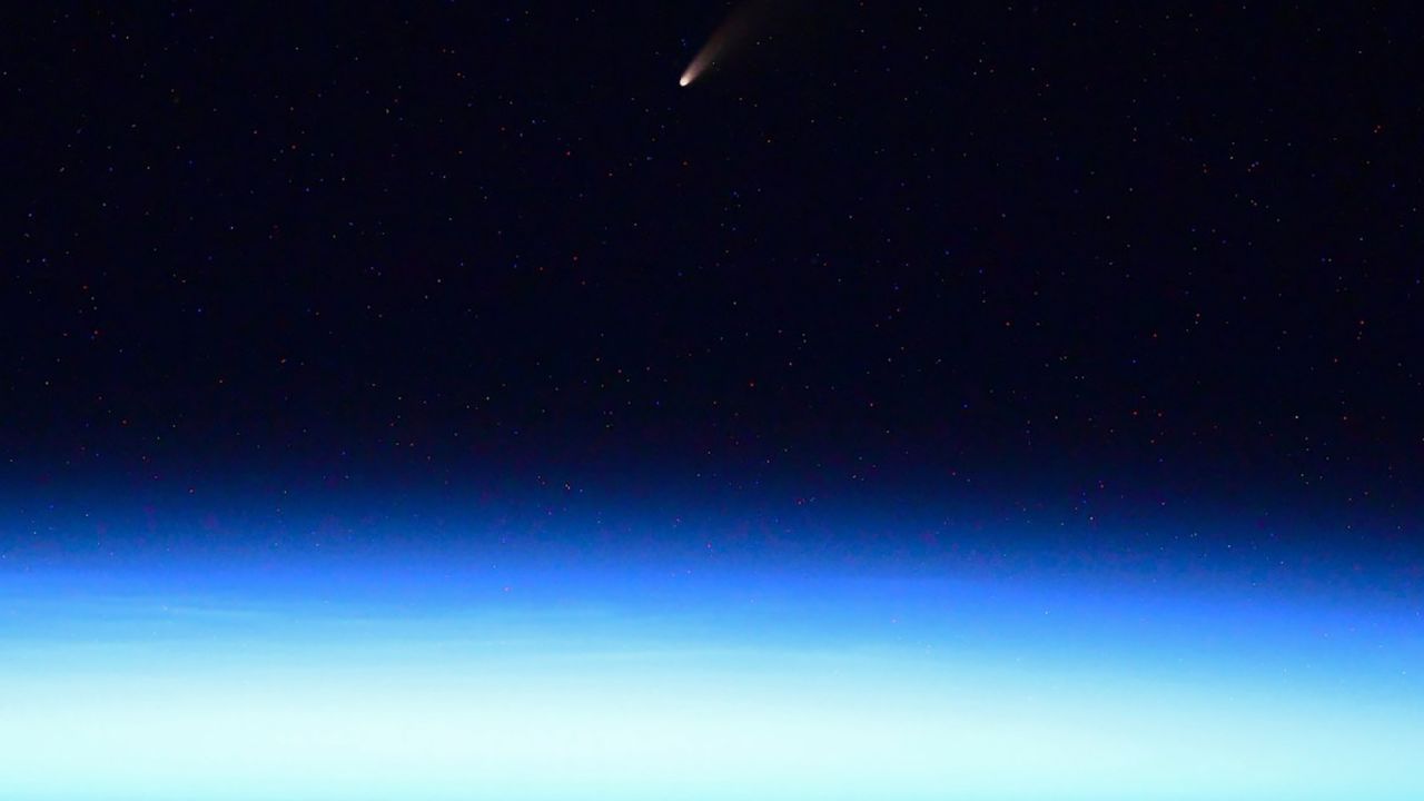 C/2020 F3 is seen nearing Earth in this photo tweeted by ISS astronaut Ivan Vagnery