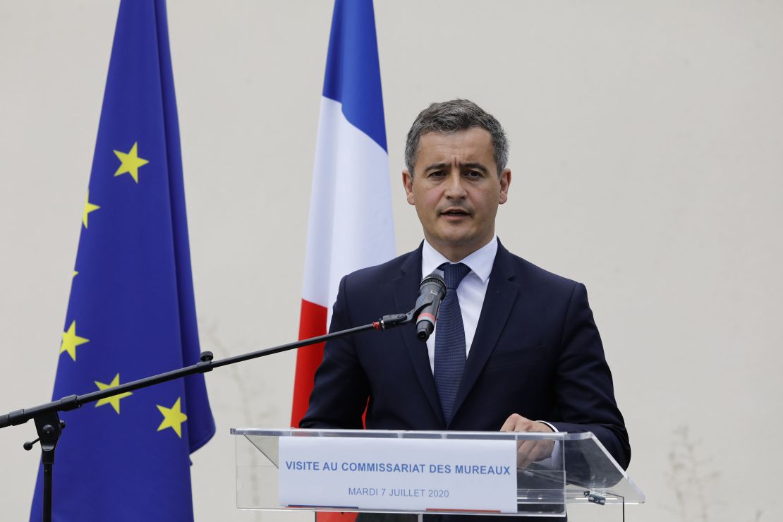 Newly appointed Interior minister Gerald Darmanin delivers a speech on July 7 at the police headquarters of Les Mureaux, outside Paris, on his first official visit in the role.