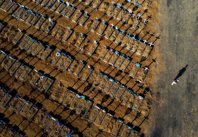 This aerial photo shows a man walking past graves in the Nossa Senhora Aparecida cemetery in Manaus, Brazil, on June 21.