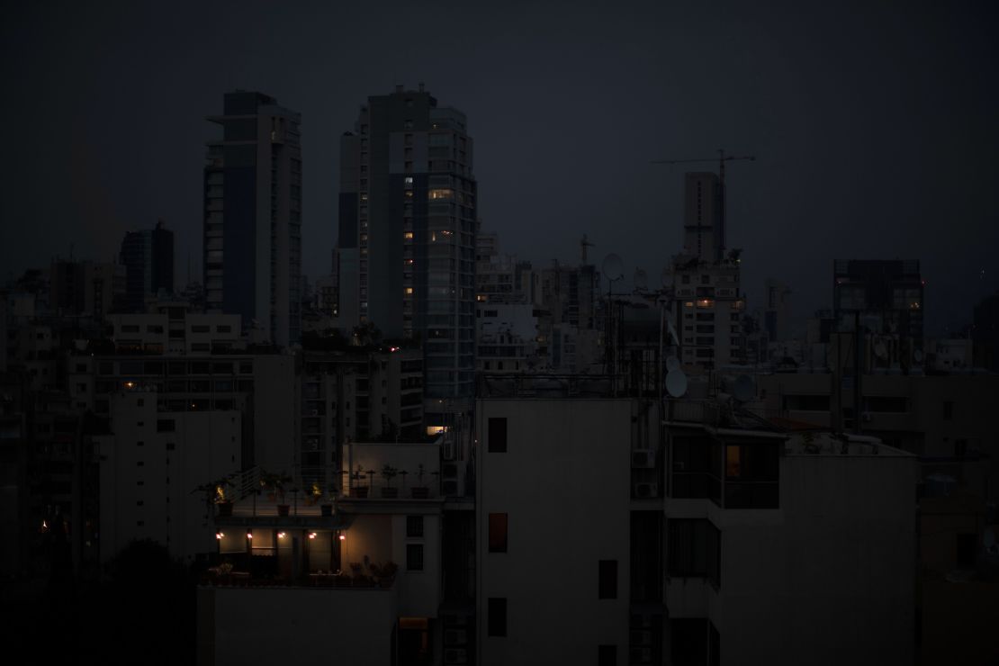 The capital city of Beirut remains in darkness during a power outage on Monday, July 6, 2020.