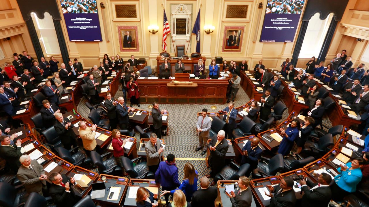 Virginia House of Delegates, Speaker Eileen Filler-Corn, D-Fairfax, center, is escorted to the rostrum during opening ceremonies of the 2020 Virginia General Assembly at the Capitol in Richmond, Virginia, in January 2020. Filler-Corn is the first woman to hold the position. 