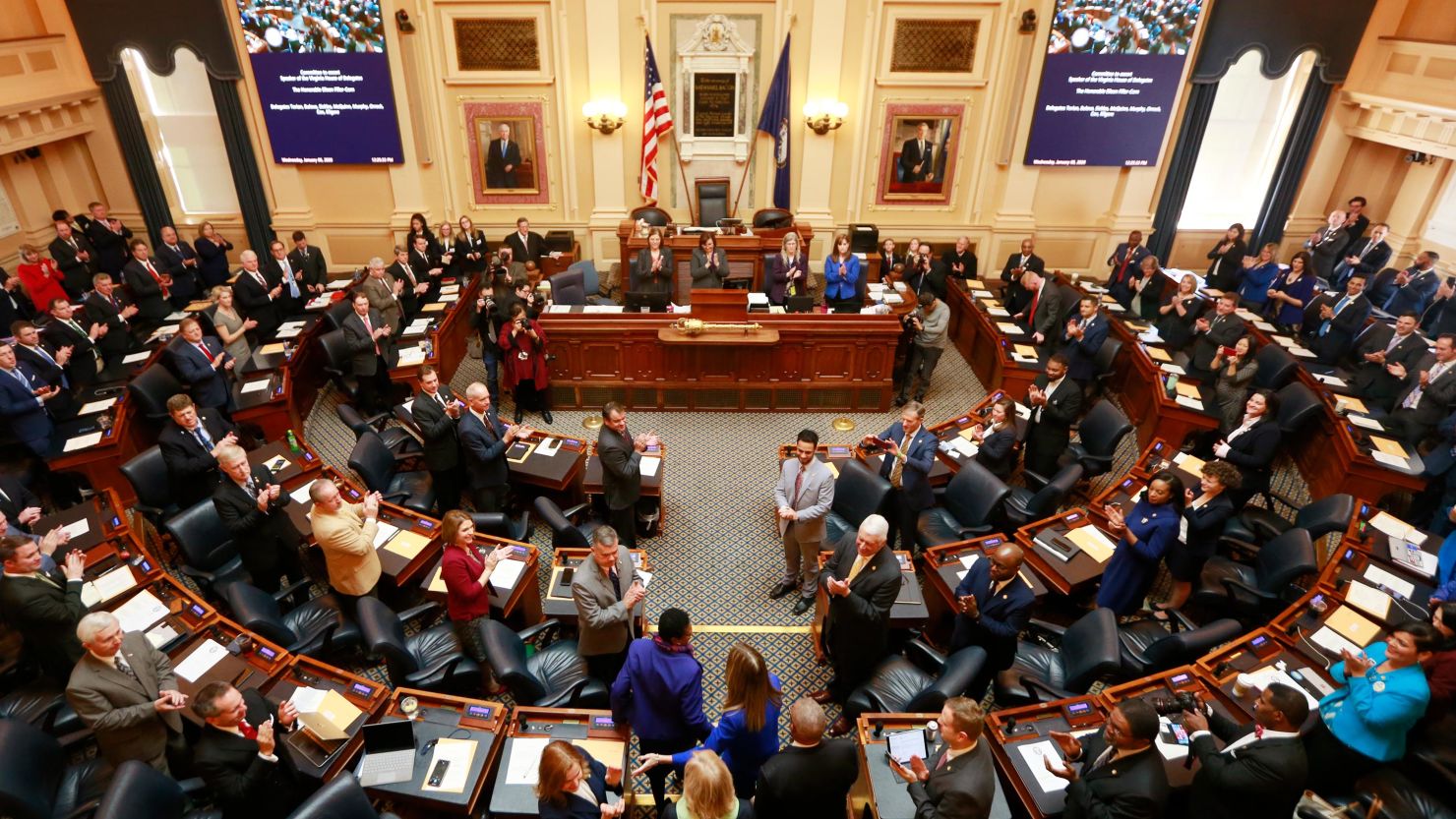 Virginia House of Delegates, Speaker Eileen Filler-Corn, D-Fairfax, center, is escorted to the rostrum during opening ceremonies of the 2020 Virginia General Assembly at the Capitol in Richmond, Virginia, in January 2020. Filler-Corn is the first woman to hold the position. 
