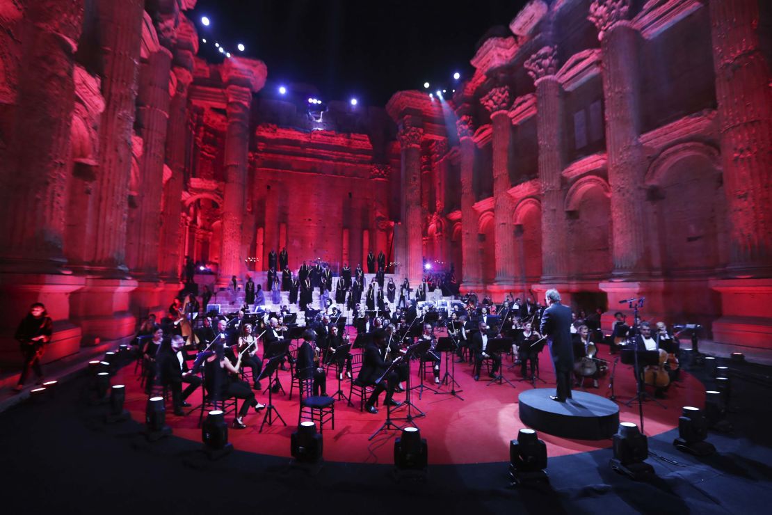 Musicians from the Lebanese Philharmonic Orchestra perform during a concert in the ancient northeastern city of Baalbek, Lebanon, Sunday, July 5, 2020. 