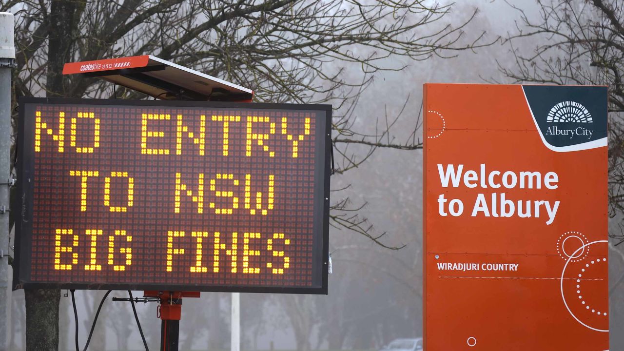 A sign of no entry is displayed in the New South Wales, Victoria border town of Albury on July 7.