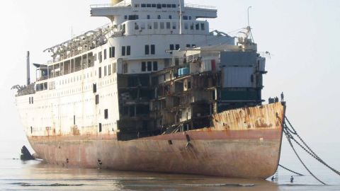 Cruise journalist Peter Knego took this photo back in 2005 of the onetime RMS Windsor Castle partially demolished at Alang ship breaking yard in India.