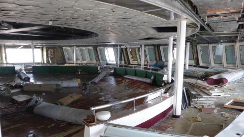 Inside the half-destroyed cruise ships is an eerie sight. Pictured here: The show room of the 1972-built former MV Island Princess.