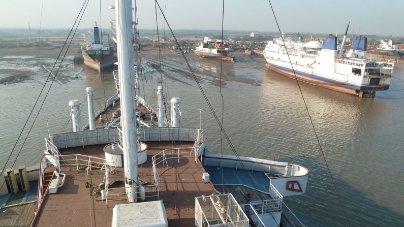 <strong>Hard to visit:</strong> Knego says it's neither easy nor recommended to visit the ship breaking yards. Some have reputations for poor working conditions. Pictured here: facing the beach of Alang from the funnel of a ship.