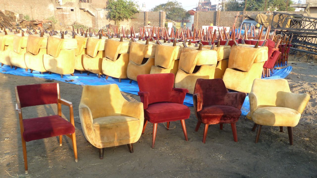 The ships arrive at the ship breaking yards with their furniture in tact. Pictured here, vintage cruise chairs at Alang, India.