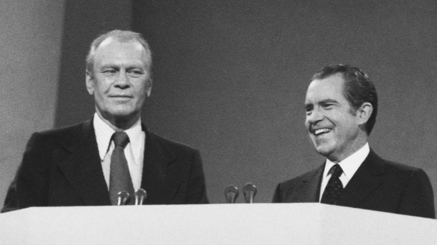 American politicians Gerald Ford (1913 -- 2006) and Richard Nixon (1913 -- 1994), 37th president of the United States, take the stand at the Republican National Convention, at the Miami Beach Convention Center in Miami Beach, Florida, US, 21-23rd August 1972. (Photo by Archive Photos/Getty Images)
