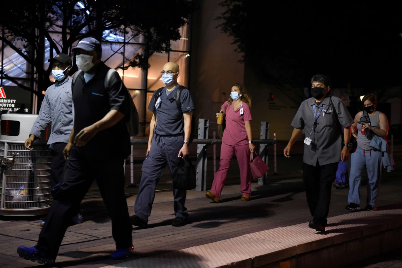 Health-care workers walk through the Texas Medical Center during a shift change in Houston on July 8. Coronavirus cases <a href="index.php?page=&url=https%3A%2F%2Fwww.cnn.com%2Finteractive%2F2020%2Fhealth%2Fcoronavirus-us-maps-and-cases%2F" target="_blank">have accelerated across much of the South and Southwest </a>in recent weeks. <a href="index.php?page=&url=https%3A%2F%2Fwww.cnn.com%2F2020%2F07%2F07%2Fpolitics%2Fflorida-texas-governors-coronavirus%2Findex.html" target="_blank">Texas crossed the 200,000-case threshold</a> on July 6 — just 17 days after it had reached 100,000 cases. Harris County, which encompasses Houston and is the most populous county in Texas, <a href="index.php?page=&url=https%3A%2F%2Fwww.cnn.com%2F2020%2F07%2F08%2Fpolitics%2Fhouston-texas-republican-convention-contract%2Findex.html" target="_blank">led the state in confirmed cases.</a>