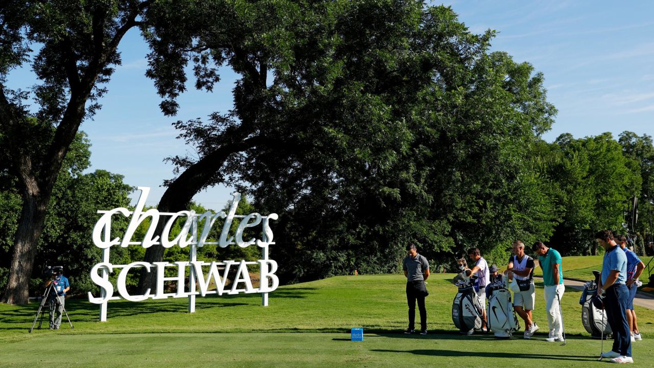 Rory McIlroy, Jon Rahm and Brooks Koepka take part in a moment of silence held in place of the 8:46 tee time to remember George Floyd during the second round of the Charles Schwab Challenge.