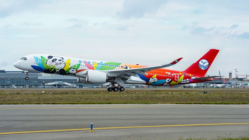 <strong>Sichuan Airlines: </strong>Jean-François Paul, head of the Airbus paint center, tells CNN one of his favorite liveries is the Sichuan Airlines panda-themed A350-900, delivered to the Chinese airline in 2018.