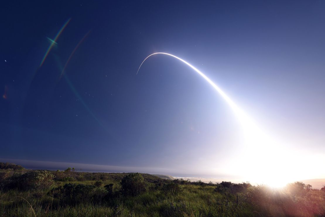 An unarmed US Minuteman III intercontinental ballistic missile launches during an operational test in California in 2016.
