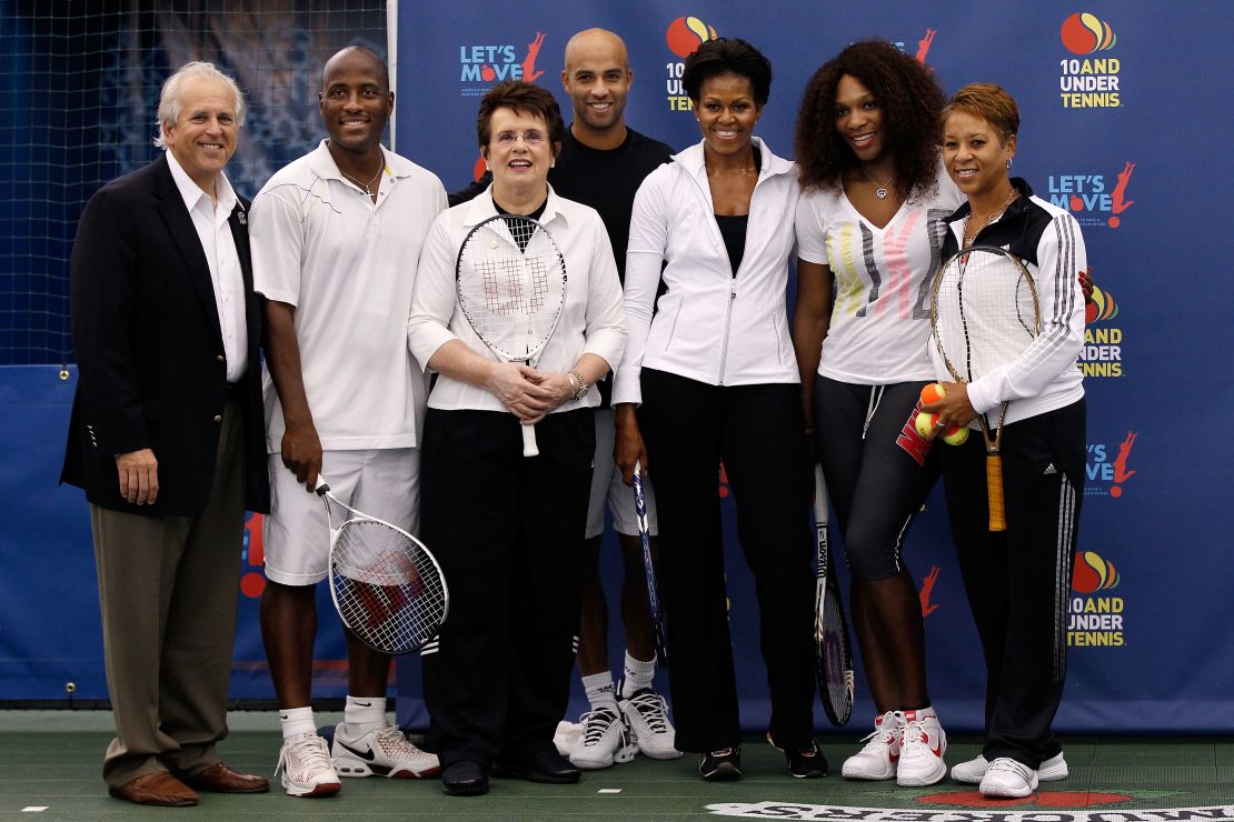 Chairman of the Board and President of the USTA Jon Vegosen, MaliVai Washington, Billie Jean King, James Blake, First Lady Michelle Obama, Serena Williams and Katrina Adams participate in the Let's Move! tennis clinic during Day Twelve of the 2011 U.S. Open.
