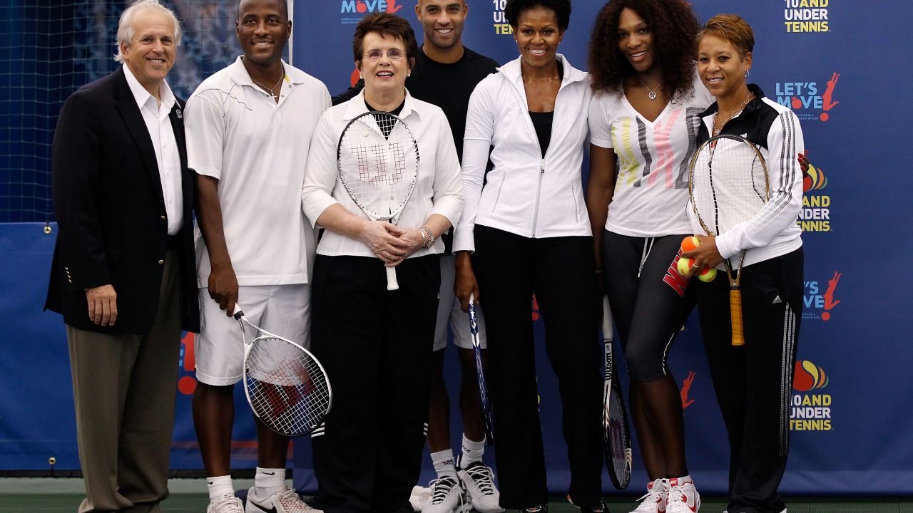 Chairman of the Board and President of the USTA Jon Vegosen, MaliVai Washington, Billie Jean King, James Blake, First Lady Michelle Obama, Serena Williams and Katrina Adams participate in the Let's Move! tennis clinic during Day Twelve of the 2011 U.S. Open.