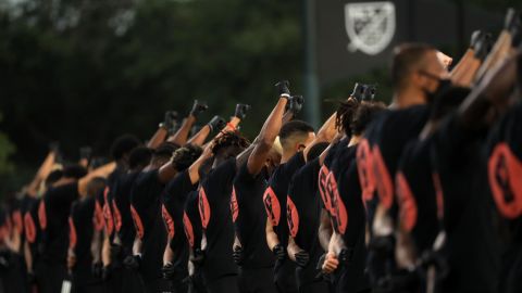 Players of MLS teams participate in a Black Lives Matter pre-game ceremony before match between Orlando City and Inter Miami as part of MLS is back Tournament at ESPN Wide World of Sports Complex on July 08, 2020 in Reunion, Florida.