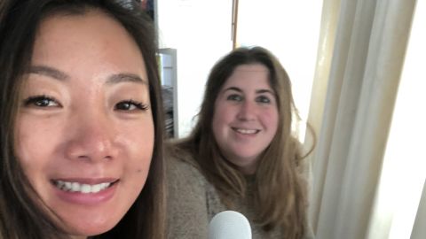 Yue Xu and Julie Krafchick take a selfie while hosting their podcast.