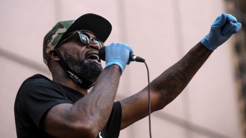 Stephen Jackson speaks at a demonstration in Minneapolis on June 11.