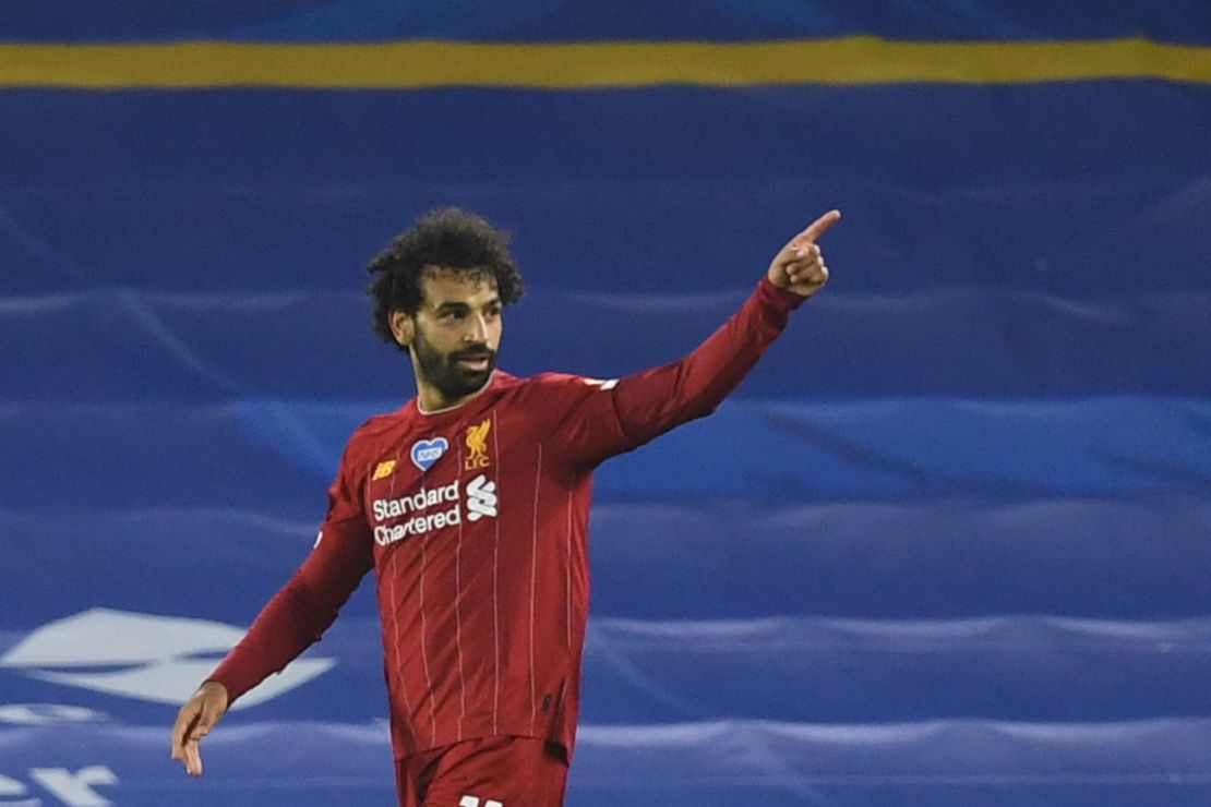 Mohamed Salah celebrates scoring his second goal in Liverpool's win over Brighton. 