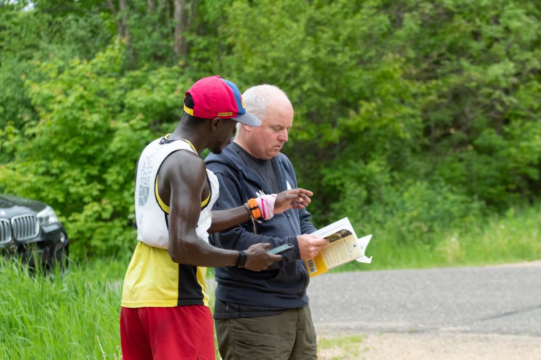 Woltering was helped by his husband Tom during the run. 