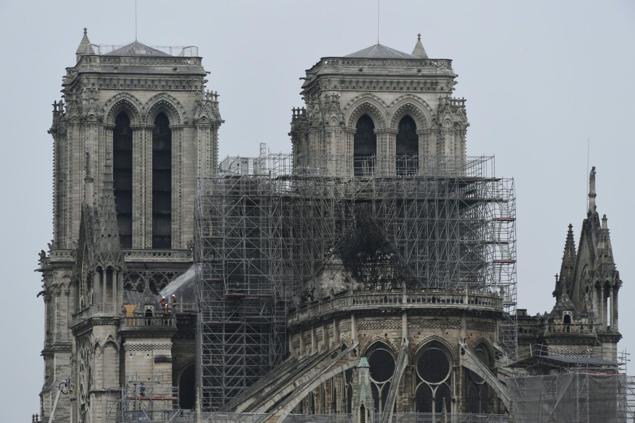 A picture shows Notre Dame Cathedral on April 16, 2019, in the aftermath of a fire that caused its spire to crash to the ground. 