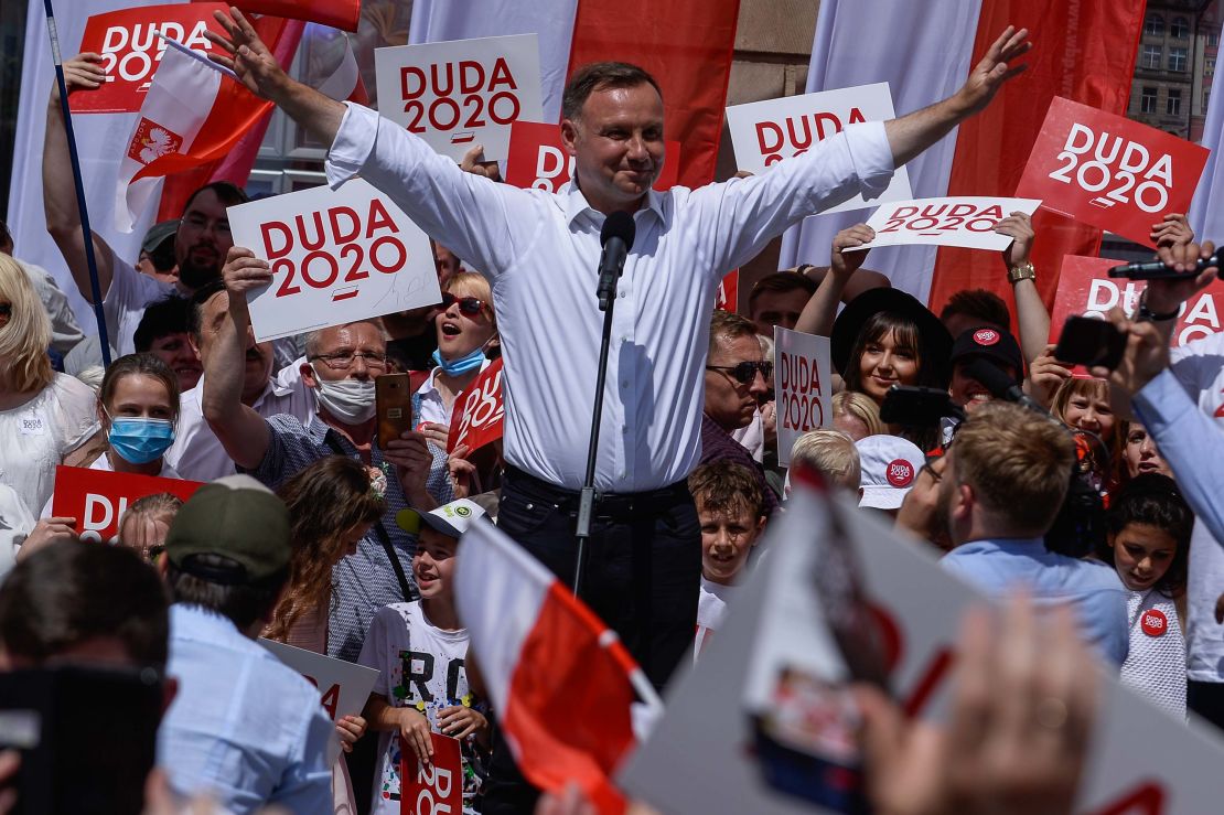 President Andrzej Duda delivers a speech during a campaign rally on July 4 in Wroclaw, Poland.