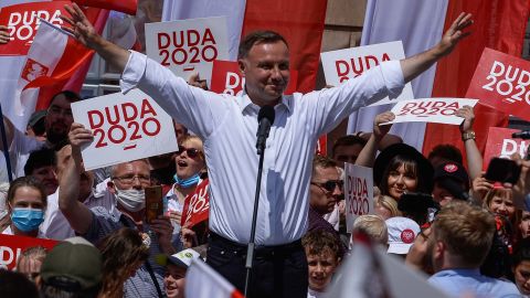 President Andrzej Duda delivers a speech during a campaign rally on July 4 in Wroclaw, Poland.