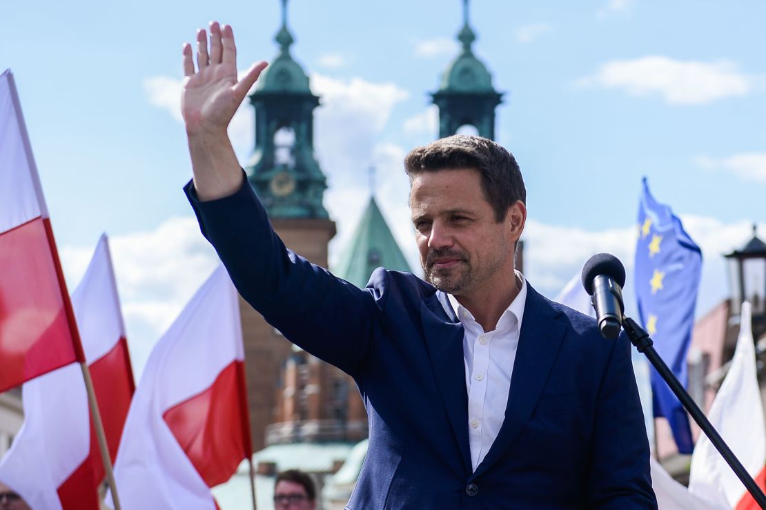 Presidential candidate Rafal Trzaskowski delivers a speech to locals and supporters during a campaign rally  on July 7 in Gniezno, Poland.