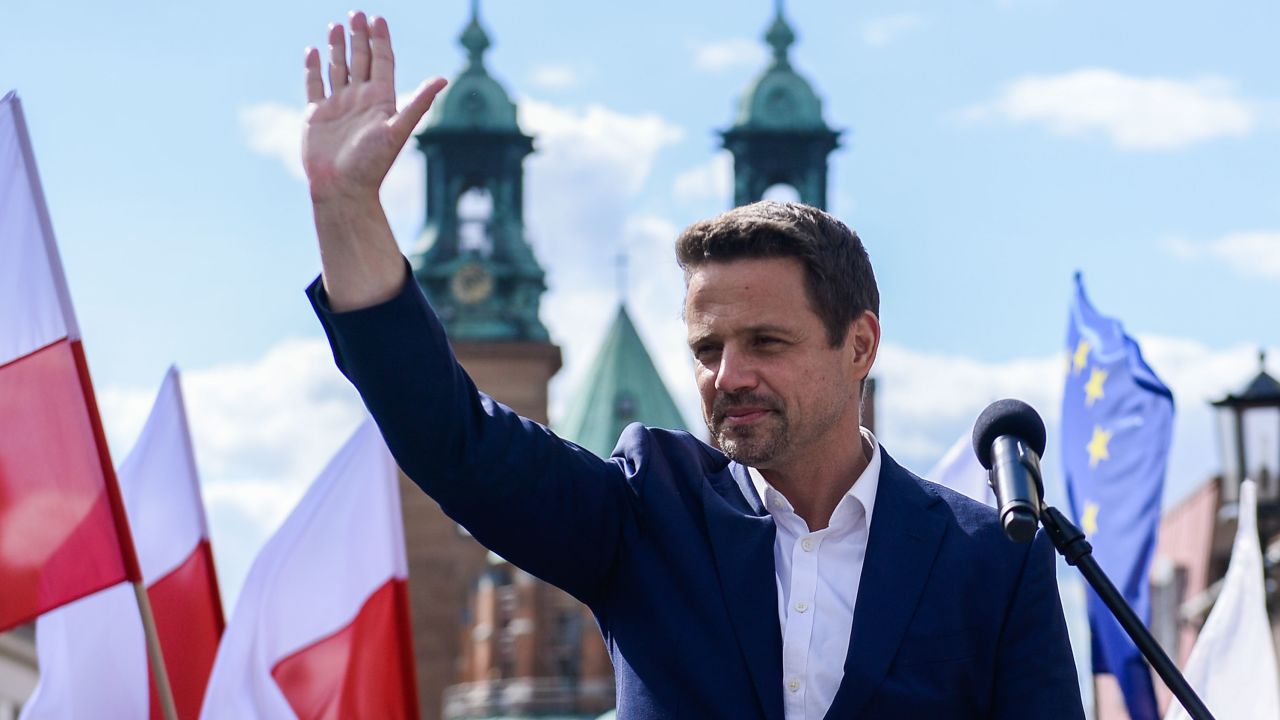 Presidential candidate Rafal Trzaskowski delivers a speech to locals and supporters during a campaign rally  on July 7 in Gniezno, Poland.
