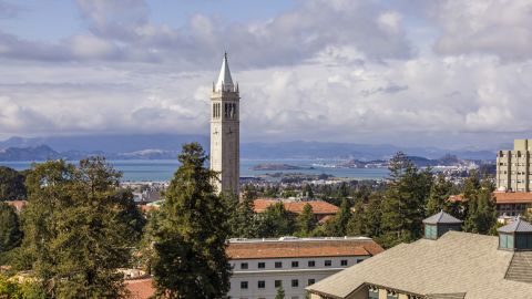 The Campanile at the University of California at Berkeley rises above the Cal campus. 