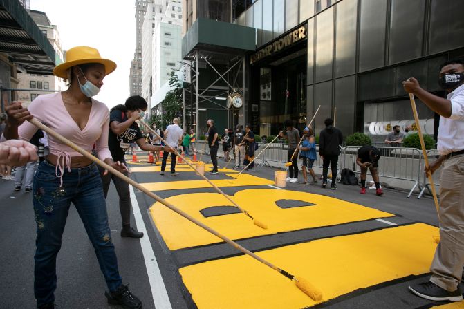 People in New York City paint a Black Lives Matter mural on the street <a href="index.php?page=&url=https%3A%2F%2Fwww.cnn.com%2F2020%2F07%2F09%2Fus%2Ftrump-tower-black-lives-matter-mural-new-york-trnd%2Findex.html" target="_blank">directly outside of Trump Tower</a> on July 9.