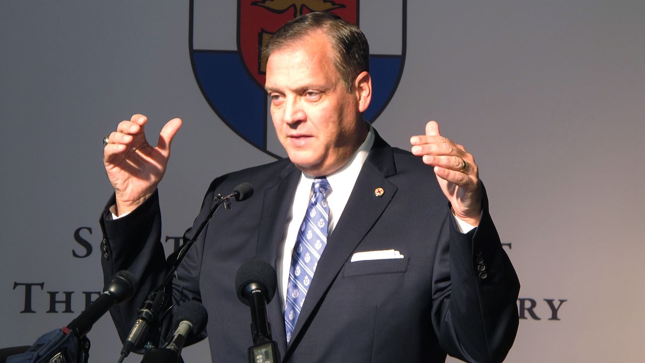 The Rev. Albert Mohler Jr., president of Southern Baptist Theological Seminary, speaks to reporters in 2015.
