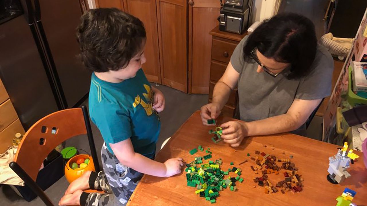 In this pandemic summer, Ina Turpen Fried (right), has created Lego challenges for her son, Harvey (left), at home. 