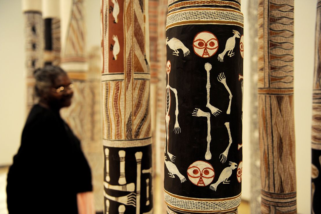 Painted memorial poles by the Yolŋu people of northeast Arnhem Land.