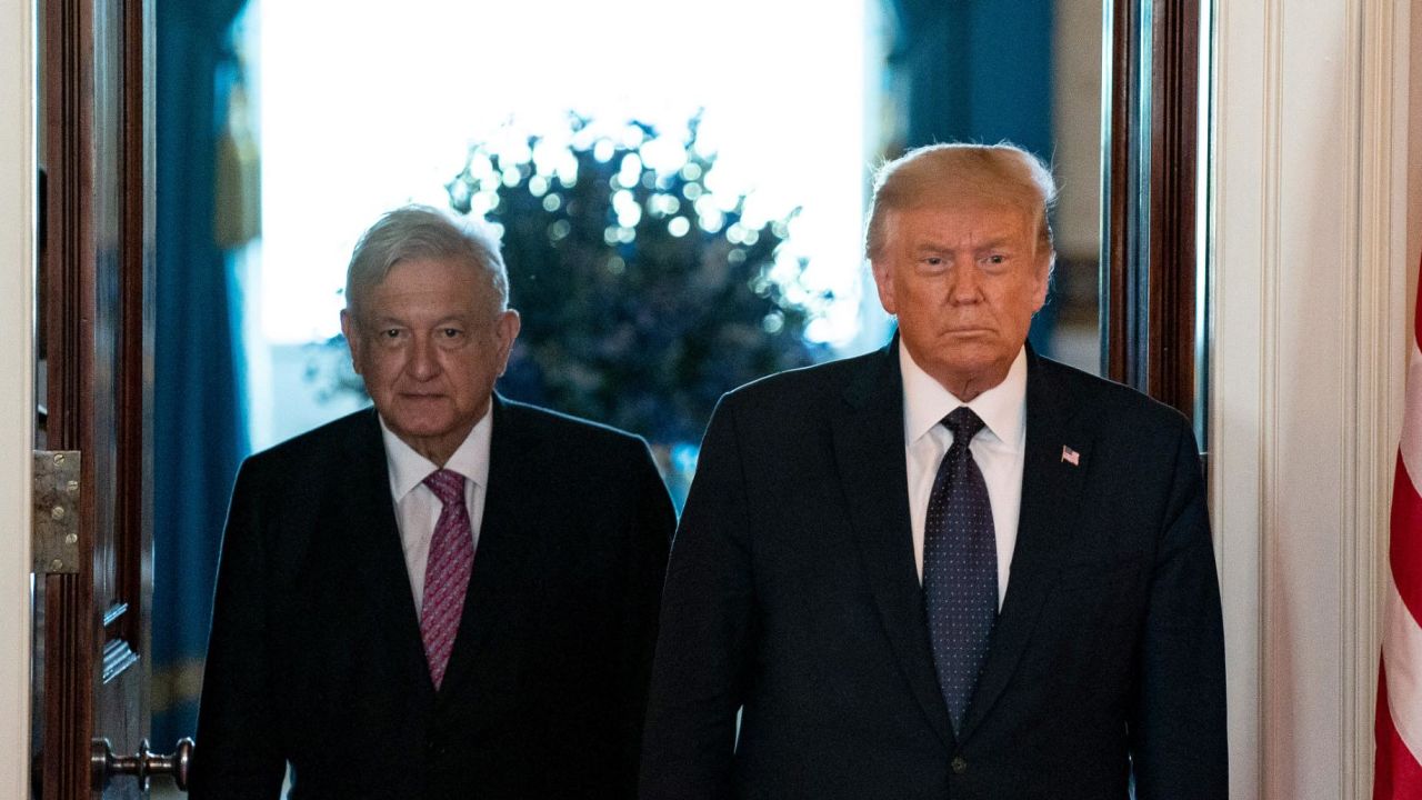 WASHINGTON, DC - JULY 08: President Andrés Manuel López Obrador of Mexico and U.S. President Donald Trump arrive before speaking before a working dinner at the White House July 8, 2020 in Washington, DC. Trump and López Obrador met privately in the Oval Office earlier in the day. (Photo by Anna Moneymaker-Pool/Getty Images)