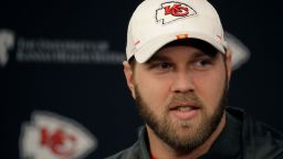 Kansas City Chiefs offensive tackle Mitchell Schwartz addresses the media at a news conference Wednesday, Jan. 22, 2020 at Arrowhead Stadium in Kansas City, Mo. The Chiefs will face the San Francisco 49ers in Super Bowl 54. (AP Photo/Charlie Riedel)