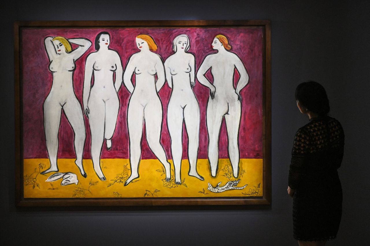 Sanyu's "Five Nudes" on display at the Christie's showroom in Hong Kong ahead of a 2019 auction.