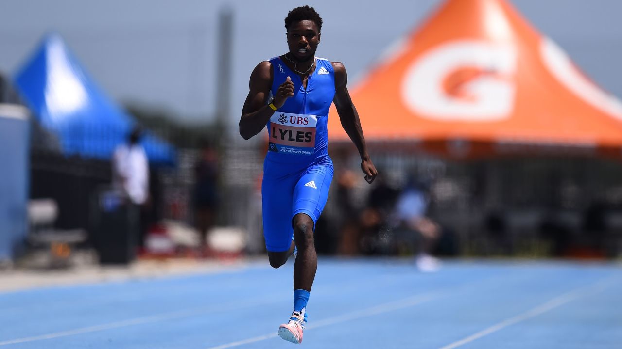 Lyles competes in the men's 200m at the Inspiration Games held remotely across different countries.