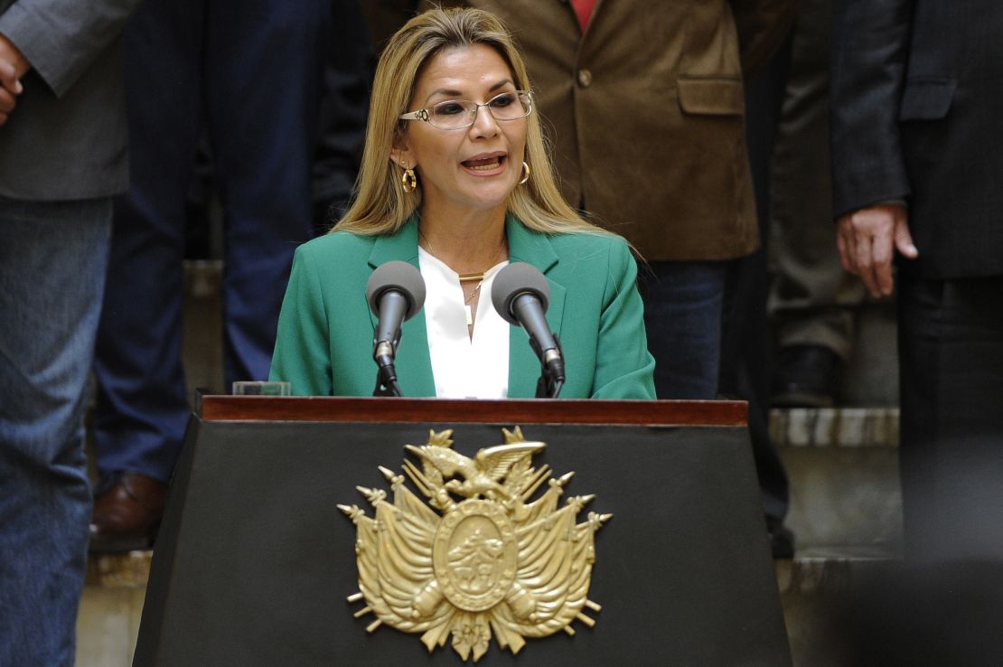 Bolivian interim President Jeanine Anez .