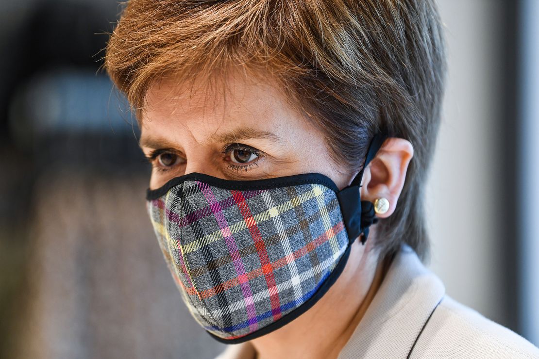 First Minister of Scotland Nicola Sturgeon wears a Tartan face mask as she visits a retail park last month in Edinburgh. 