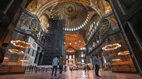 People visit Hagia Sophia museum on June 26, 2020 in Istanbul. 