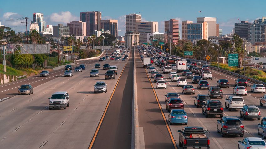 San Diego, USA, 2019. Heavy traffic on a highway with a lot of cars. Rush hour on freeway
