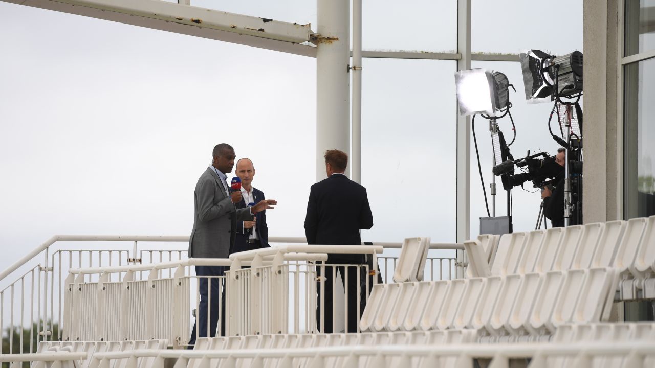 Sky Sports commentators Michael Holding, Nasser Hussain and Ian Ward broadcast during day one of the first Test. 
