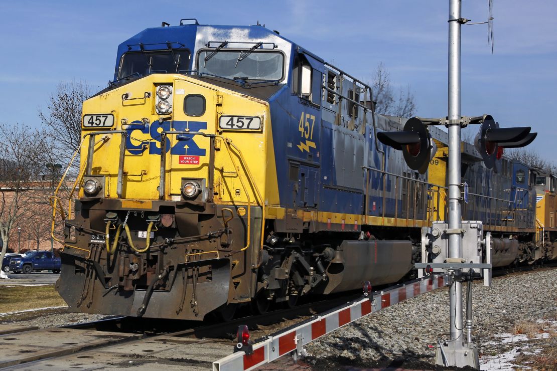 A CSX freight train passes through Homestead, Pennsylvania, on February 12, 2018.