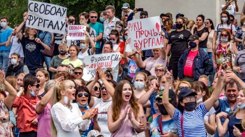People protest in support of Sergey Furgal, the governor of the Khabarovsk region, on Saturday, July 11.