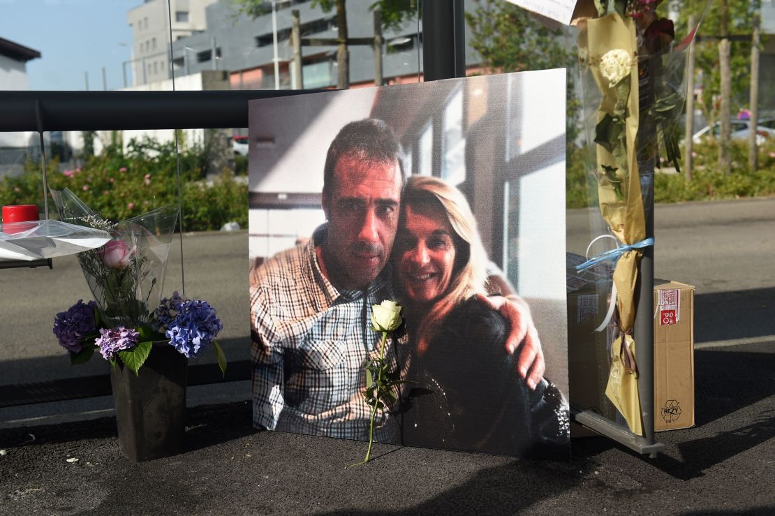 A picture of Philippe Monguillot and his wife, Veronique Monguillot, at a march in Bayonne on July 8.