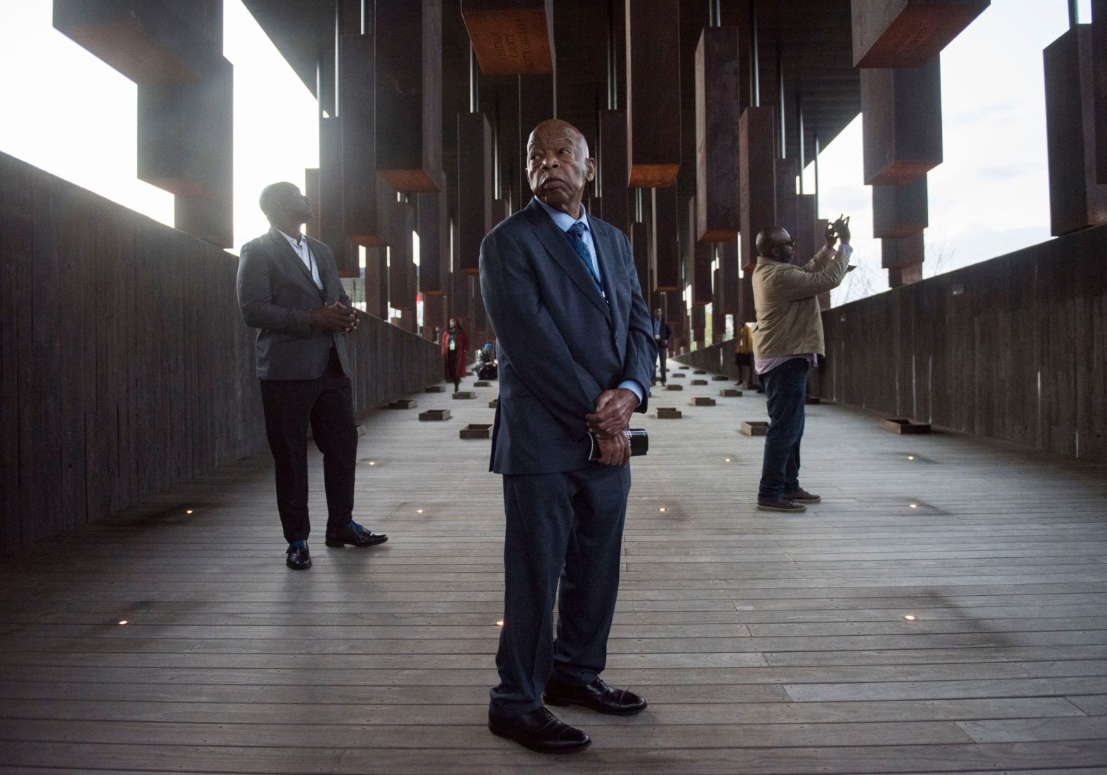 In March 2019, Lewis walks through monuments honoring the victims of racial lynchings at the National Memorial for Peace and Justice in Montgomery, Alabama.