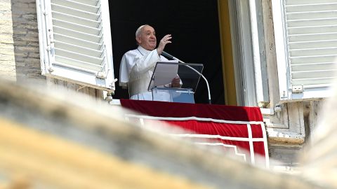 Pope Francis addresses pilgrims gathered in St. Peter's Square at the Vatican on July 12, 2020.